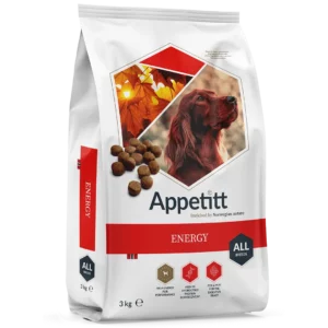 Energifor: Hvit og rød sekk Appetitt Dog Energy 3kg tørrfor, mørkebrun hund avbildet