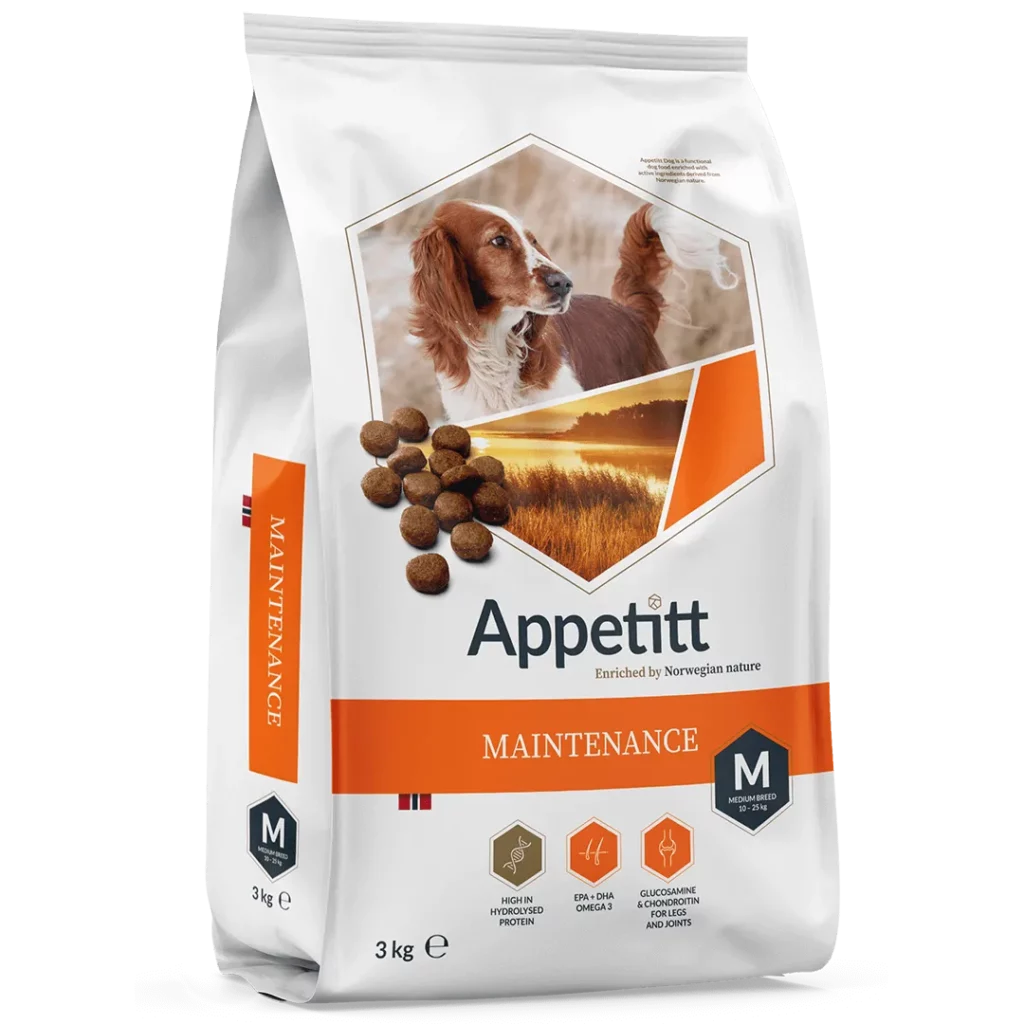 Hundefor: Appetitt Maintenance Medium 3kg, hvit og oransje sekk, hvit og brun hund