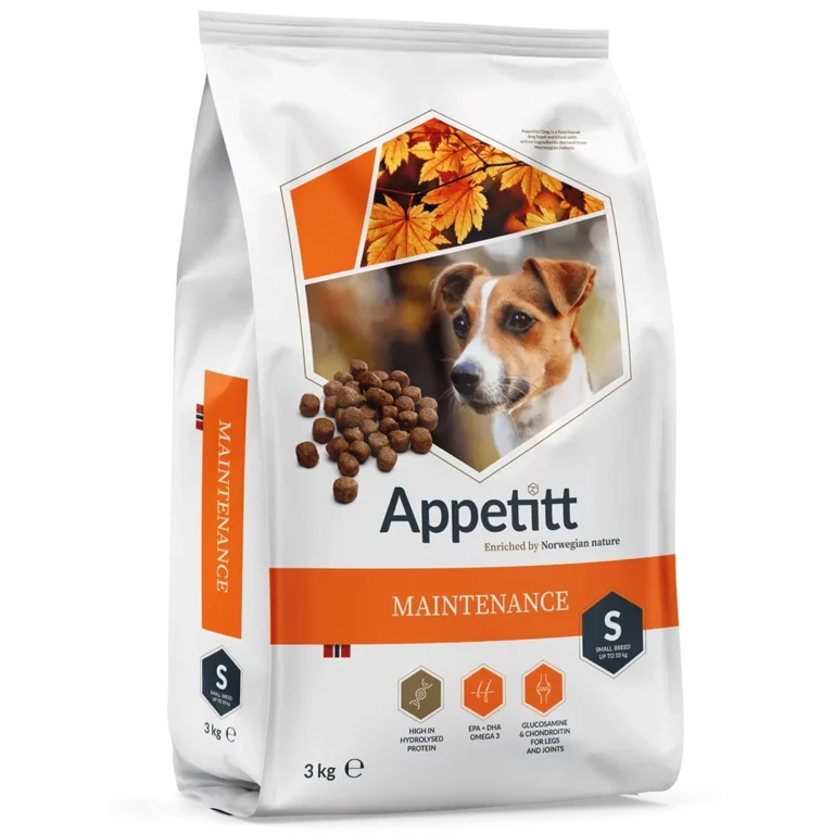 Hundefor: Appetitt Maintenance Small 3kg, hvit og oransje sekk, liten hvit og brun hund