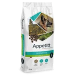 Hundefor: Appetitt Sensitive Lamb Chicken Large, 12kg tørrfor, hvit, turkis og lysegrønn sekk, schäfer avbildet