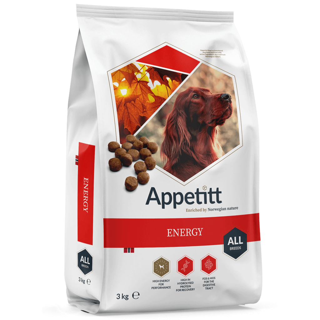 Appetitt Energy hundmat 3 kg fodersäck; röd och vit, brun hund