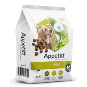 Appetitt Puppy Medium valpfoder 1 kg fodersäck; ljusgrön och vit, ljusbrun valp och maskros avbildat