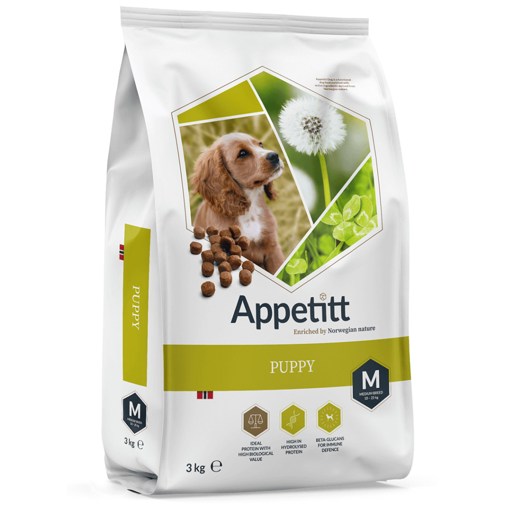 Appetitt Puppy Medium valpfoder 3 kg fodersäck; ljusgrön och vit, ljusbrun valp och maskros avbildat