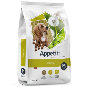 Appetitt Puppy Medium valpfoder 3 kg fodersäck; ljusgrön och vit, ljusbrun valp och maskros avbildat