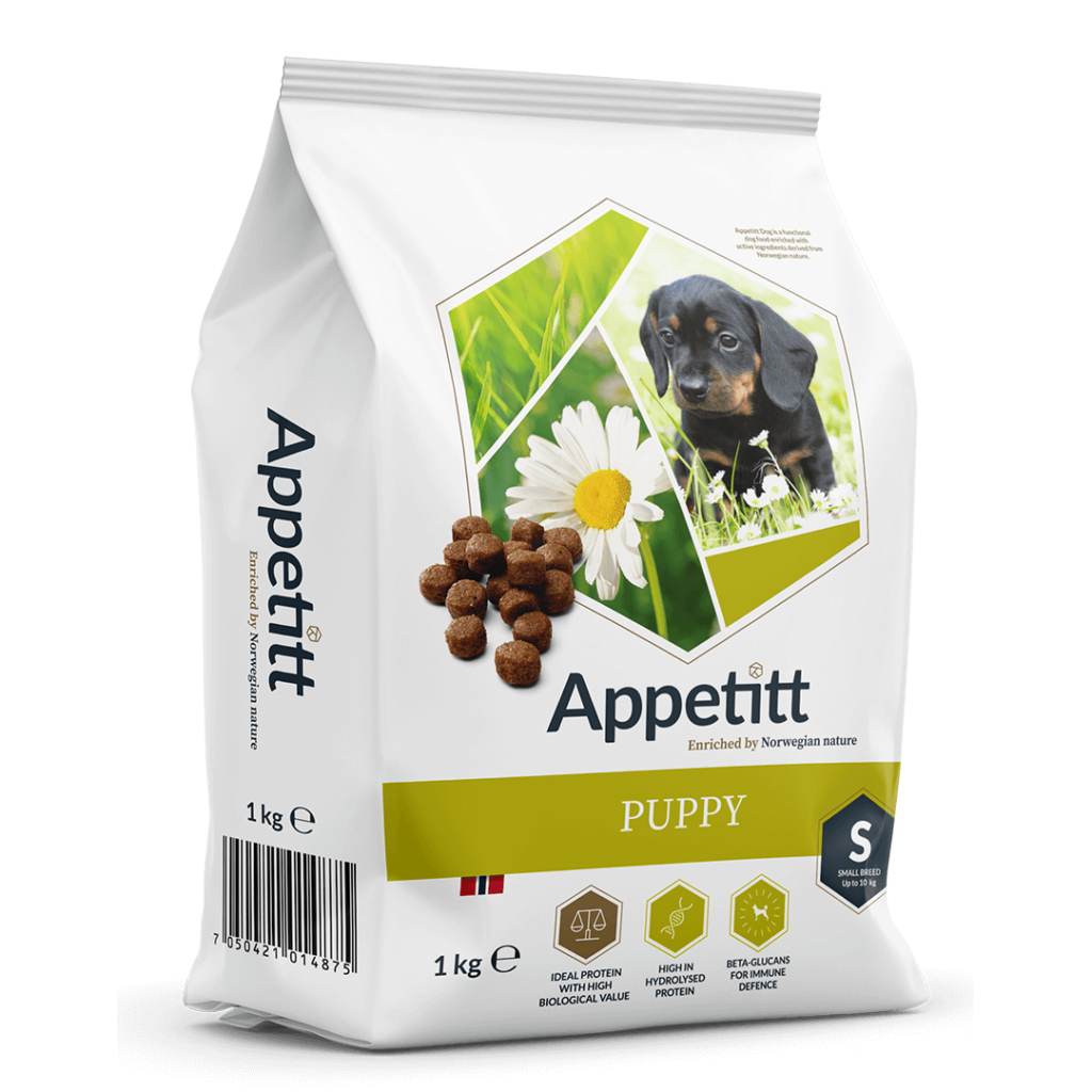 Appetitt Puppy Small valpfoder 1 kg fodersäck; ljusgrön och vit, svart och brun valp och prästkrage avbildat