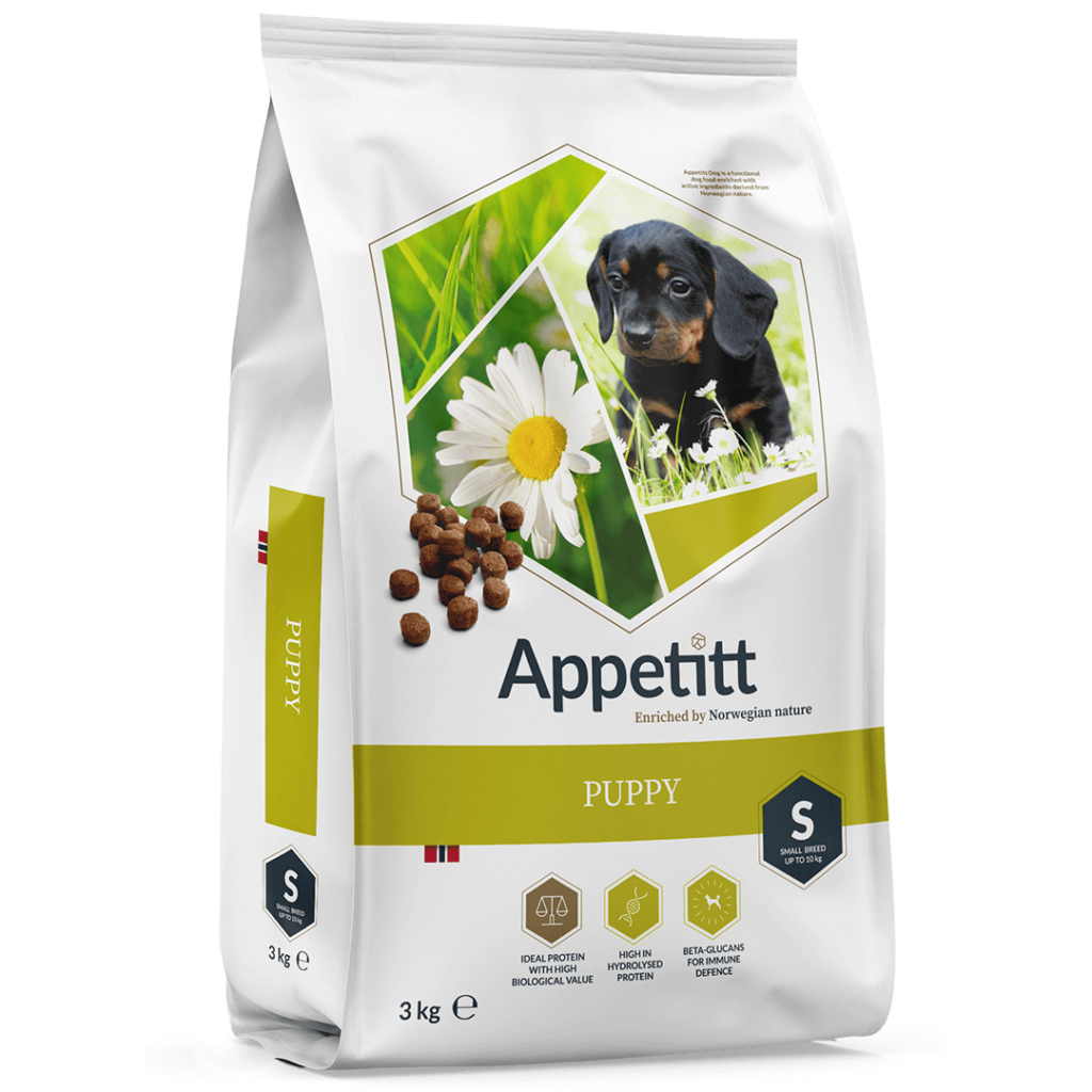 Appetitt Puppy Small valpfoder 3 kg fodersäck; ljusgrön och vit, svart och brun valp och prästkrage avbildat