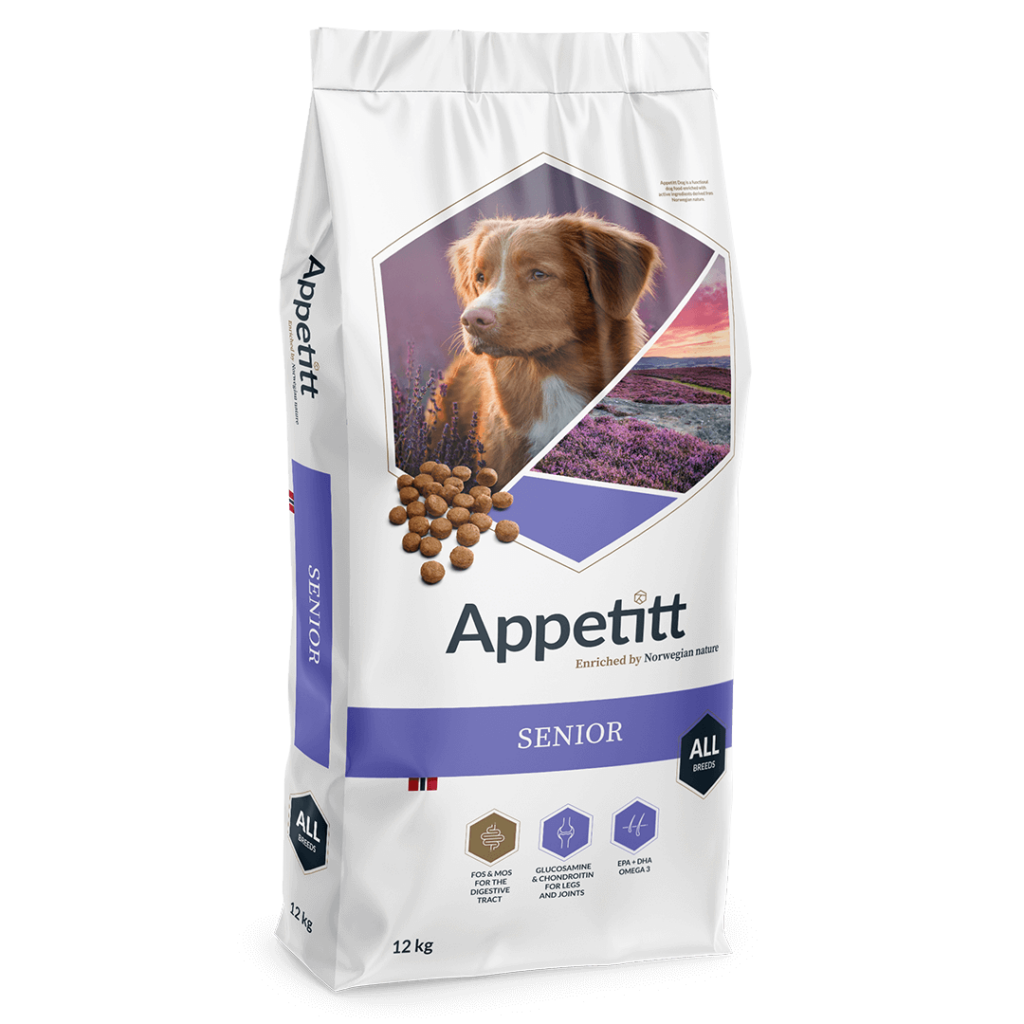 Appetitt Senior hundfoder 12 kg fodersäck; vit och ljus syrin-färg, ljusbrun hund med vita teckningar