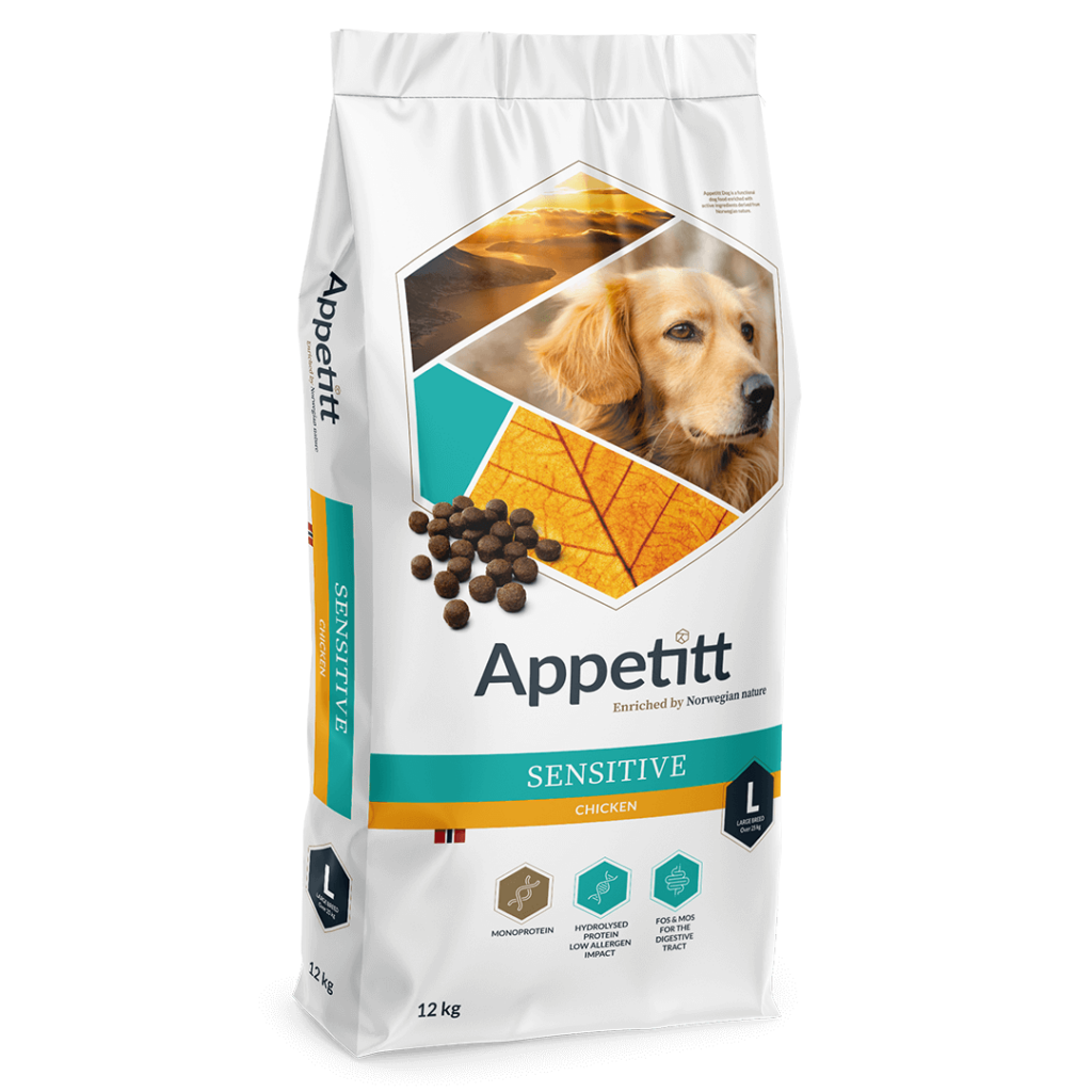 Appetitt Sensitive hundmat Large 12 kg fodersäck; turkos och vit, golden retriever avbildat
