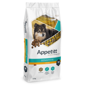 Appetitt Sensitive hundmat Medium 12 kg fodersäck; turkos och vit, svart finsk lapphund avbildat