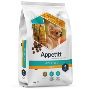 Appetitt Sensitive hundmat Small 1 kg fodersäck; turkos och vit, långhårig chihuahua avbildat