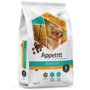 Appetitt Sensitive hundmat Small 1 kg fodersäck; turkos och vit, långhårig chihuahua avbildat