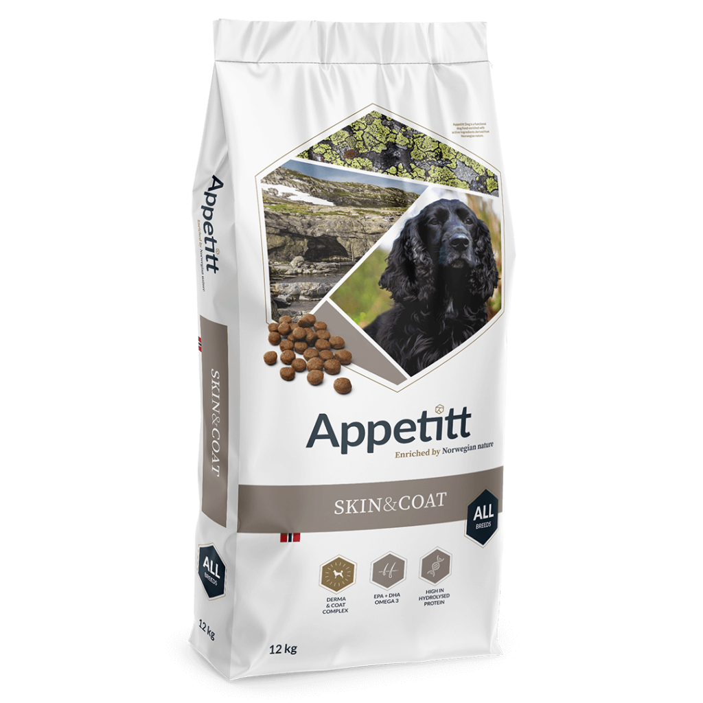 Appetitt Skin&Coat hundmat 12 kg fodersäck; grå och vit, svart hund avbildat