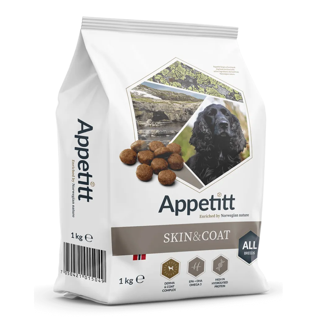 Appetitt Skin&Coat hundmat 1 kg fodersäck; grå och vit, svart hund avbildat