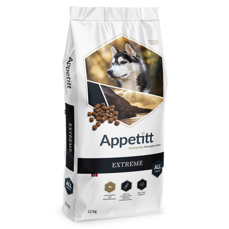 Hundefor: Appetitt Extreme 12kg tørrfor, sort og hvit sekk, husky avbildet