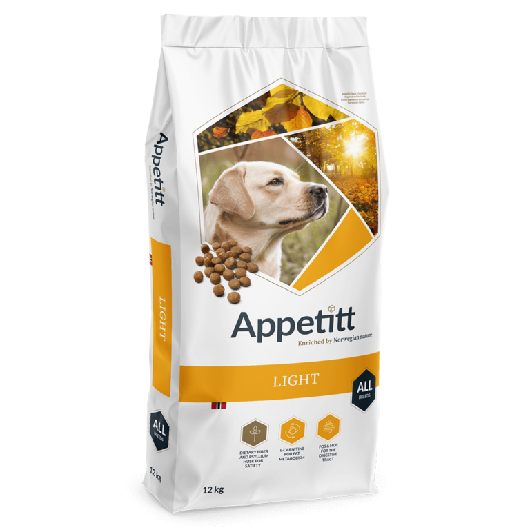 Hundefor: Appetitt Dog Light 12kg, hvit, orange og brun sekk, lys labrador avbildet