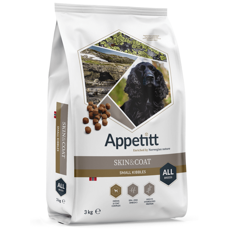 Hundefor: Appetitt Skin & Coat 3kg tørrfor, hvit og grå sekk, sort hund avbildet